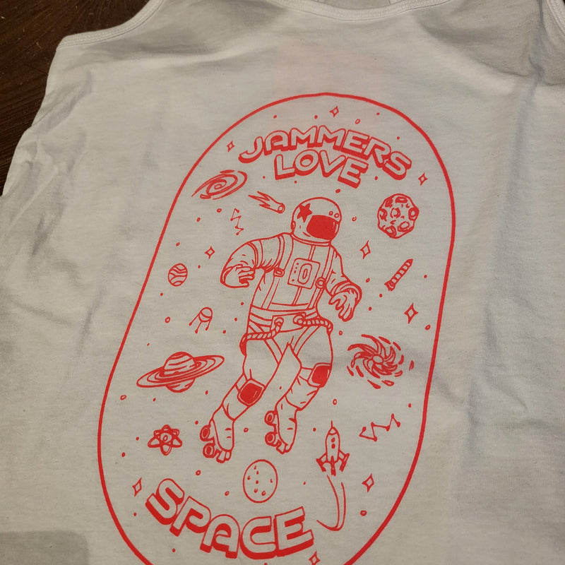 'Jammers Love Space' rollerskate merch. White racerback with neon print