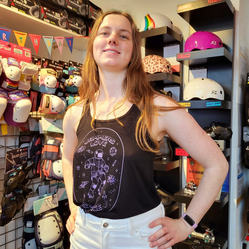 IN STOCK: Jammers Love Space Racerback Tanks - Black with Lilac Print - Double Threat Skates