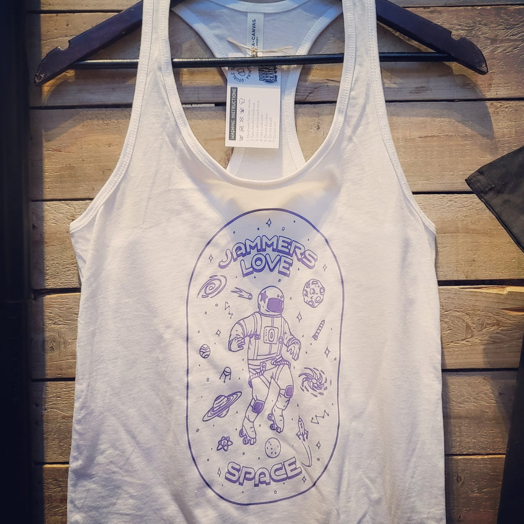 IN STOCK: Jammers Love Space Racerback Tanks - White with Lilac Print - Double Threat Skates